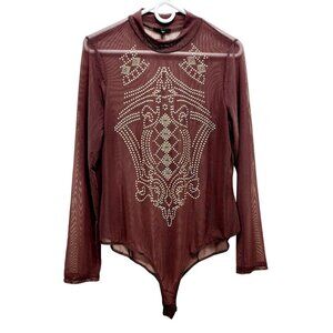 Sheer Burgundy Bodysuit Embellishments Long Sleeve Mock Neck Stretch Fit IRIS 3X